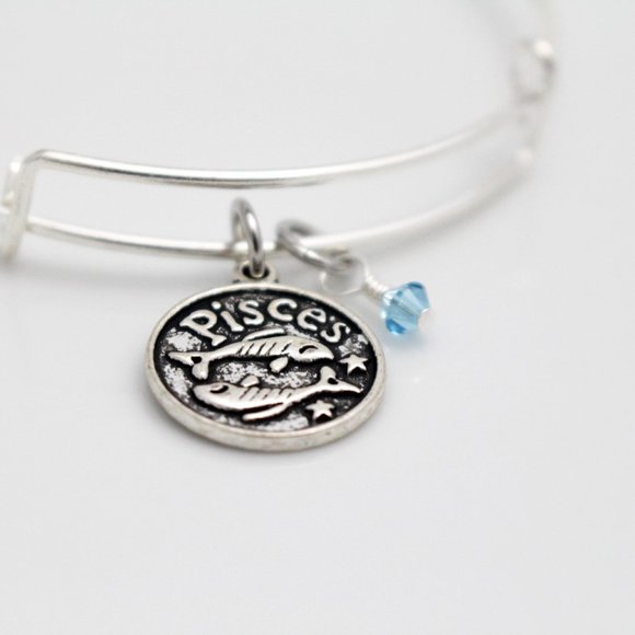 March Pisces Adjustable Charm Bangle - Handmade Zodiac Bracelet - Picture 8 of 11